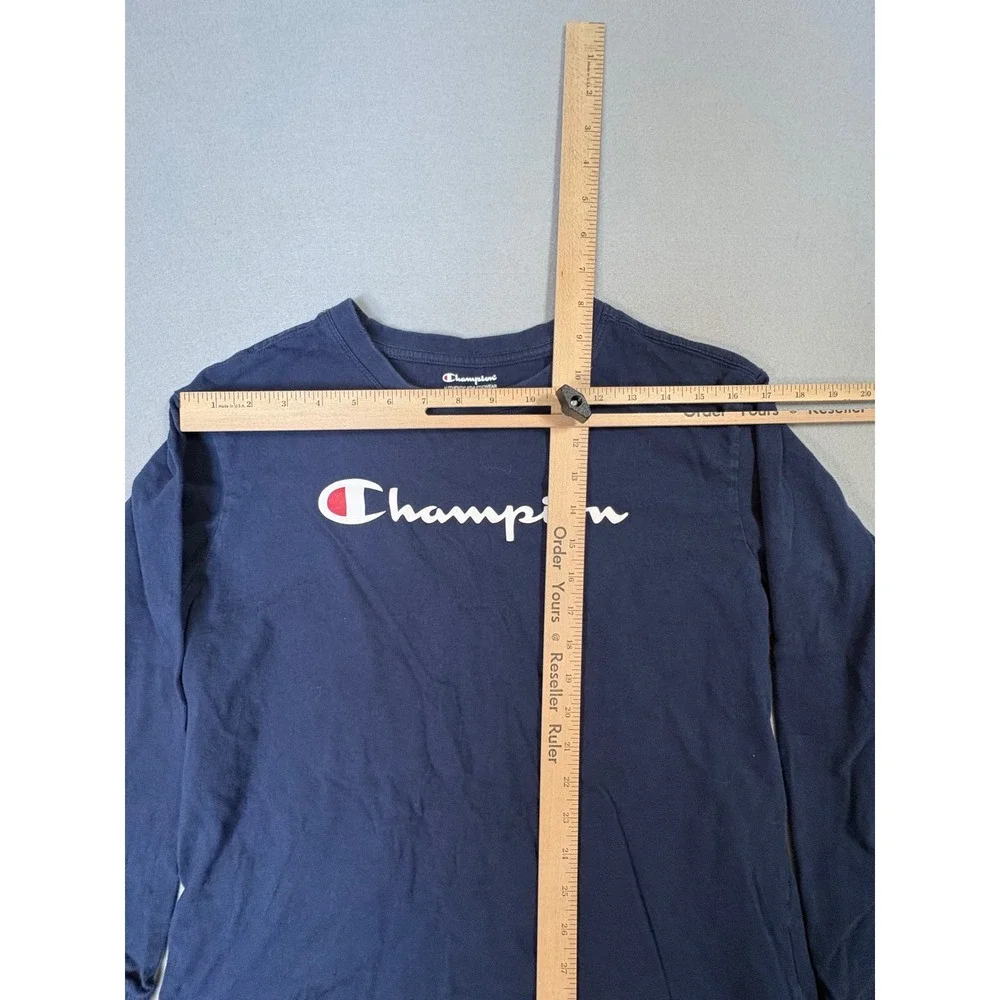 Champion Long Sleeve Graphic T-Shirt Navy Blue Small Script Logo Athletic‎ Tee